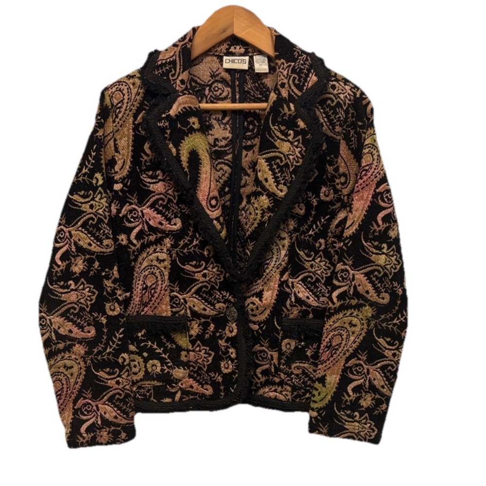Vintage 90s Chicos Paisley Blazer Jacket Size‎ 1 Retro MobWife Grandmacore Artsy